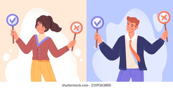 Business Decision Right Or Wrong. Man And Woman Hold Signs With Tick And Cross. Employees Make Moral Choice Between Right And Wrong Or True Or False. Cartoon Modern Flat Vector Illustration Set