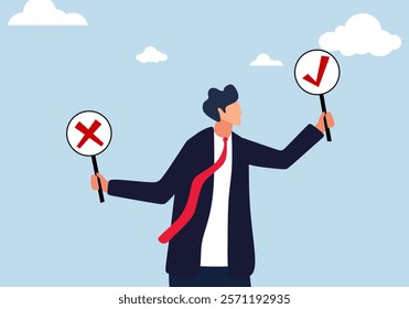 Business decision right or wrong, thoughtful businessman holds right or wrong left and right hand when making decision.