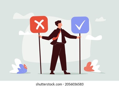 Business decision right or wrong, true or false, correct and incorrect, moral choosing option concept, thoughtful businessman holding right or wrong of left and right hand while making decision.