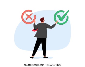Business decision right or wrong, true or false, correct and incorrect, moral choosing option concept, thoughtful businessman holding right or wrong of left and right hand while making decision.