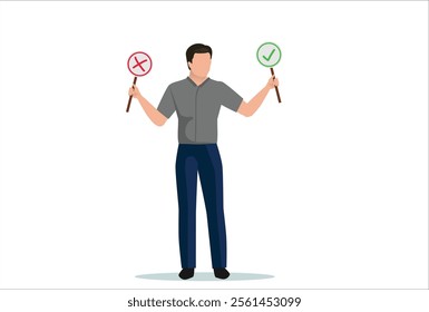 Business decision right or wrong, true or false, correct and incorrect, moral choosing option concept, thoughtful businessman holding right or wrong of left and right hand while making decision.
