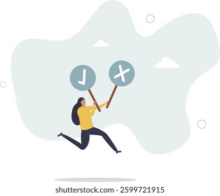 Business decision right or wrong, true or false, correct and incorrect, moral choosing option concept.flat character life .