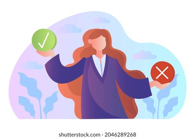 Business Decision Right Or Wrong. Woman Hold Signs With Tick And Cross. True Or False. Moral Choice. Female Character Makes Decision. Cartoon Flat Vector Illustration Isolated On White Background