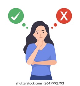 Decisão de negócios certa ou errada. A mulher segura sinais com carrapato e cruz. Verdadeiro ou falso Escolha moral. A personagem feminina decide. Ilustração de vetor plano de desenhos animados isolada sobre fundo branco