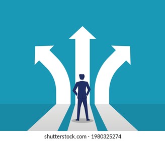business decision to success. Businessman standing crossroads. choice way concept. vector illustration in flat style modern design. 