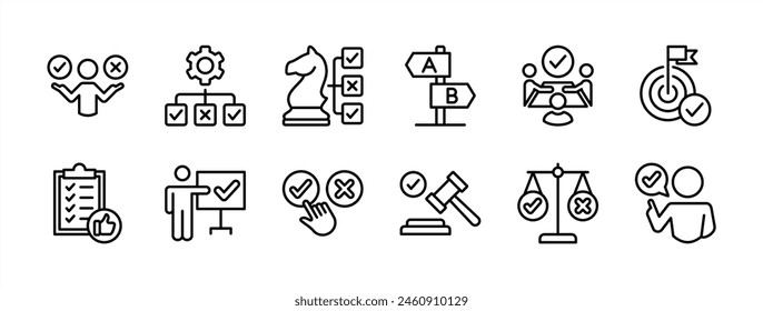 Business decision thin line icon set. Containing choice, arrow, meeting, option, advice, strategy, opportunity, direction, plan, checklist, choose, goal, solution, career, success, legal hammer, law