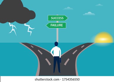 Business decision vector concept: businessman carrying a suitcase while standing on an intersection with a Success and Failure road sign