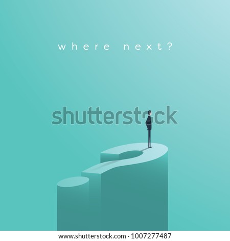 Business decision vector concept with businessman standing on huge question mark. Symbol of future, opportunity, planning, vision. Eps10 vector illustration.