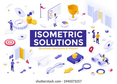 Business Decision and Vision set - entrepreneurs searching for right direction, solving problems. Collection of isometric design elements isolated on white background. Modern vector illustration.