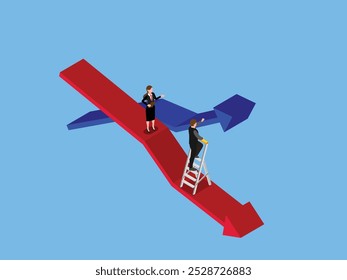 Concepto de toma de decisiones de negocios con dos Profesionales y flechas divergentes Ilustración vectorial isométrica 3D