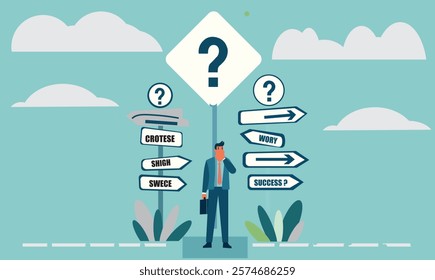 Business decisions and choices. Businessman at a crossroads with multiple directional signs, representing decision-making, career paths, and business strategy. Vector for business and choice.