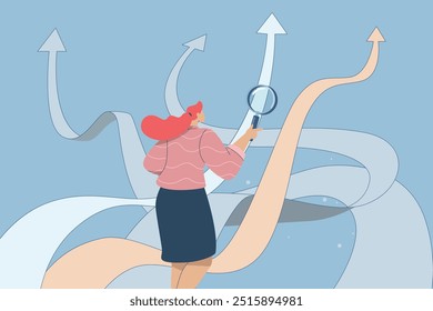 Business decisions or choices, Finding the right way, Business opportunities or paths to success, Using vision to decide the path ahead, Businesswoman with magnifying glass choosing a business path.
