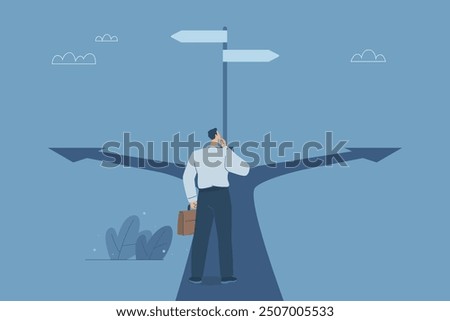 Business decisions or choices, Finding the right direction, Business opportunities or paths to success, Using vision to decide the path ahead, Businessman are choosing a business path. Vector design.