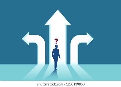 Business Decisions Concept. Vector Of A Perplexed Businessman With Question Mark Standing In Front Of Arrows Crossroads Making A Right Choice. Career Path And Strategy. 