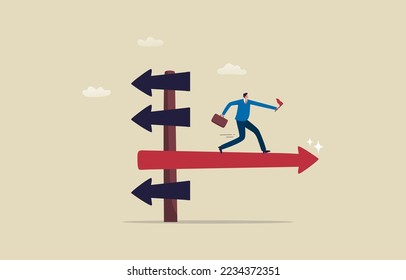 Business decisions or future paths. Businessman standing in the direction of the crossroads chose the direction. illustration