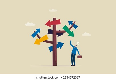 Business decisions or future paths. 
Multiple choices and confusion. Businessman standing in the direction of the crossroads chose the direction. illustration