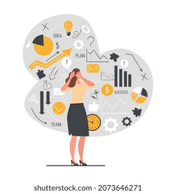 Business decisions mess. Young female entrepreneur cannot solve problems. Employee has lost focus on goal and achieving success. Chaos in information data. Cartoon modern flat vector illustration