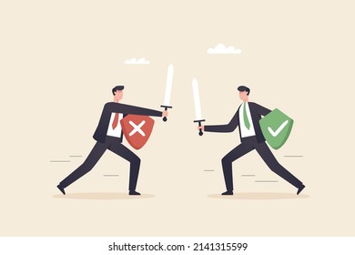 Business decisions, right or wrong, true or false, right and wrong, The choice of compete in business. A businessman wields his sword at one another to judge right or wrong.