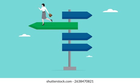 business decisions take the future path, actions to achieve business growth or career success, businesswoman standing in the direction of the crossroads chose the direction concept vector illustration