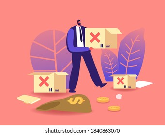 Business Decline, Global Economics Crisis due to Pandemic. Worldwide Financial Collapse, Outbreak. Male Character Carry Carton Boxes with Cross Signs, Empty Dollar Sack. Cartoon Vector Illustration