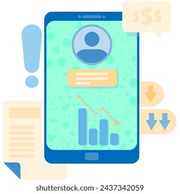 business decline information, decline in bar graph displayed on smartphone