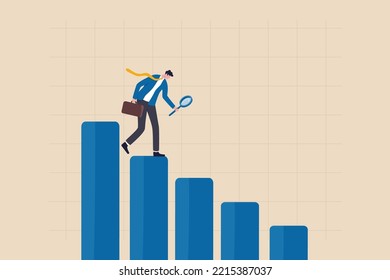 Business decline, loss or profit reduction, investment forecast of economic recession, negative return, price drop or financial downturn concept, businessman analyze declining bar graph and chart.