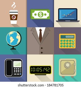 Business decorative items and office accessories with suit dollar notebook globe calculator phone clock safe vector illustration