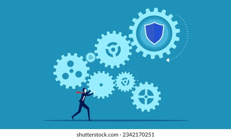 Business defense mechanism. Businessman connecting mechanism and shield