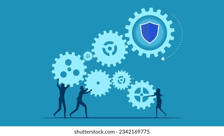 Business defense mechanism. Team of businessmen connecting mechanisms and shields