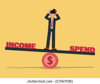 Business Deficit Concept. Stressful Businessman Standing On The Unbalanced Seesaw Between Income And Spending