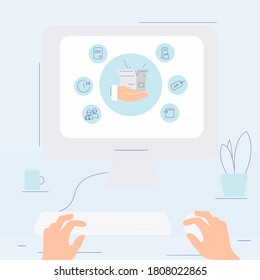 Business delivery concept, online order parcel, delivery concept. Two hands typing on computer at workplace. Cargo shipping, fast shipping store service, logistics icons. Flat style