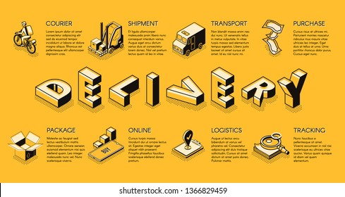 Business delivery or logistics company isometric vector banner, poster template with bicycle courier, shipment process online tracking, purchased goods packaging services line art icons illustration