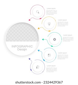 Infografik-Design-Vorlage für Geschäftsabteilungen. Bearbeitbare Infografik mit Symbolen. Anleitung für Grafiken mit 5 Schritten. Visuelle Datendarstellung. Arial, Merriwetter Sans Schriftarten verwendet