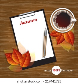 Business design. Autumn Concept. Mockup Templates: blank letterhead with space for your text, pen, coffe and autumn leaves. Vector Elements of design on an isolated backdrop with wood texture