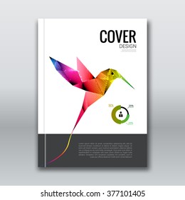 Business design background. Cover brochure book flyer Magazine template layout mockup with flying colibri hummingbird geometric shapes info-graphic, vector illustration colibri