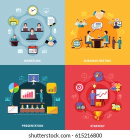 Business design concept with four square compositions of time management icons diagrams and goal achievement images vector illustration