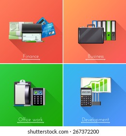 Business design concept set with finance development and office work realistic elements isolated vector illustration