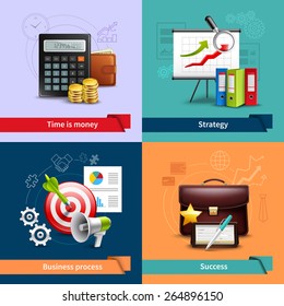 Business design concept set with money strategy success realistic icons isolated vector illustration
