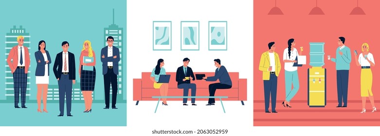 Business design concept with three square compositions of coworkers at meeting coffee break and cityscape background vector illustration