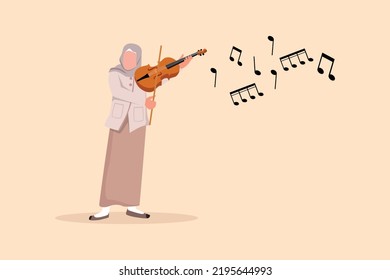 Business design drawing Arab woman musician playing violin. Classical music performer with musical instrument. Female musician playing violin at music festival. Flat cartoon style vector illustration