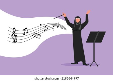 Business Design Drawing Arab Woman Music Orchestra Conductor. Female Musician With Arm Gestures. Expressive Conductor Directs Orchestra During Performance. Flat Cartoon Character Vector Illustration