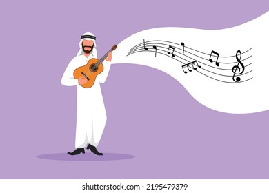 Business Design Zeichnen Arabian Mann auf ukulele und singen Spaß. Männlicher Musiker, der kleine Gitarre hält und singt. Man spielt auf einem Musikinstrument. Flaches Cartoon-Stil, Vektorgrafik