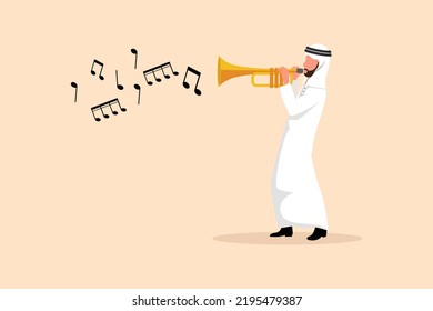 Business design drawing Arabian man play trumpet. Music instrumental. Jazz musician playing trumpet instrument. Trumpet player. Orchestra performer. Music performance. Flat cartoon vector illustration
