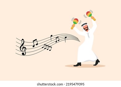 Business design drawing Arabian man street band player mariachi plays maracas. Male performer with musical instruments, mariachi player at national festival. Flat cartoon character vector illustration