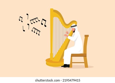 Business design drawing Arabian man musician playing harp. Classical music performer character with musical instrument. Male sitting on chair and playing harp. Flat cartoon style vector illustration