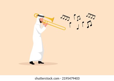 Business design drawing Arabian trombone player character. Male performer playing wind instrument. Jazz man. Musician play trumpet. Entertainment. Classic music event. Flat cartoon vector illustration