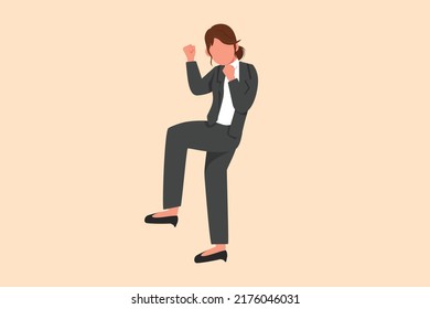 Business design drawing beautiful businesswoman standing with fold one leg and yes gesture with both hands. Office worker celebrate success of company project. Flat cartoon style vector illustration