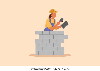 Business design drawing beautiful repairwoman building brick wall. Construction worker in overalls and helmet doing work. Builder concept. Repair work services. Flat cartoon style vector illustration