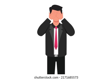 Business design drawing businessman covering or closing his eyes with hands and making don't see gesture. Man shows scary, fear, does not want to see gesture. Flat cartoon style vector illustration