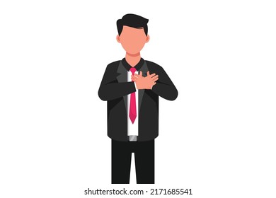 Business design drawing businessman with pleased expression keeps hands on chest, impressed by good words of gratitude. Man expresses love, thankful feelings. Flat cartoon style vector illustration